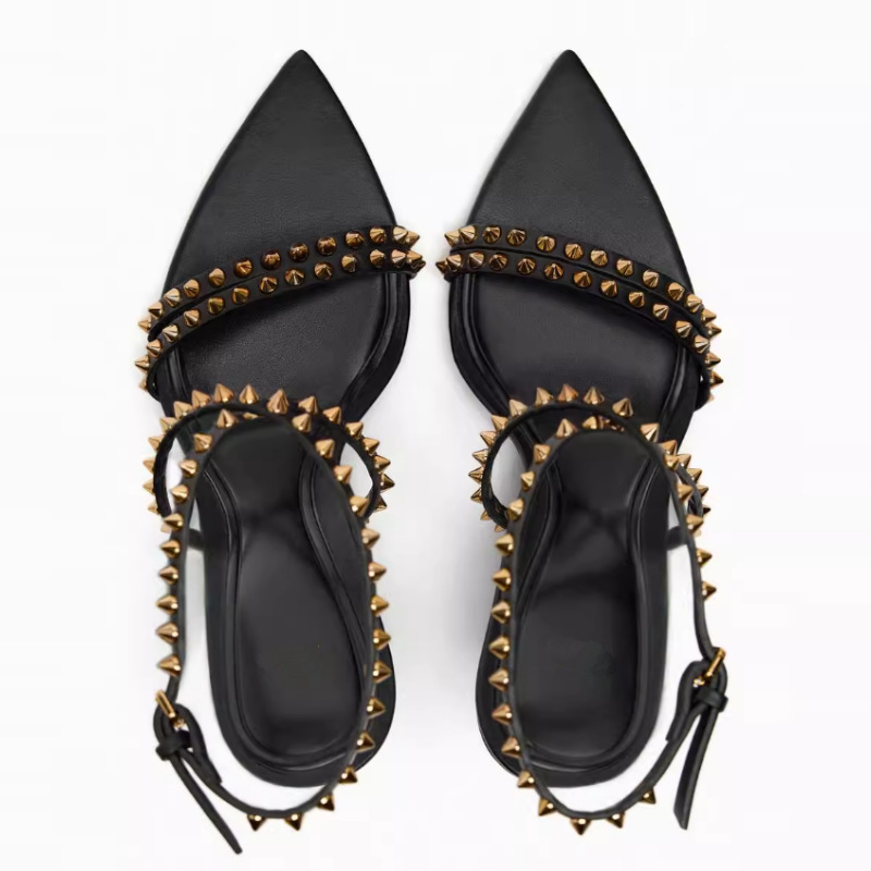 ZA Sandals Women's Summer Versatile High Heels Women's Black Rivet Shoes Comfortable Stiletto Heel Cross Buckle Women's Shoes_voghion.com
