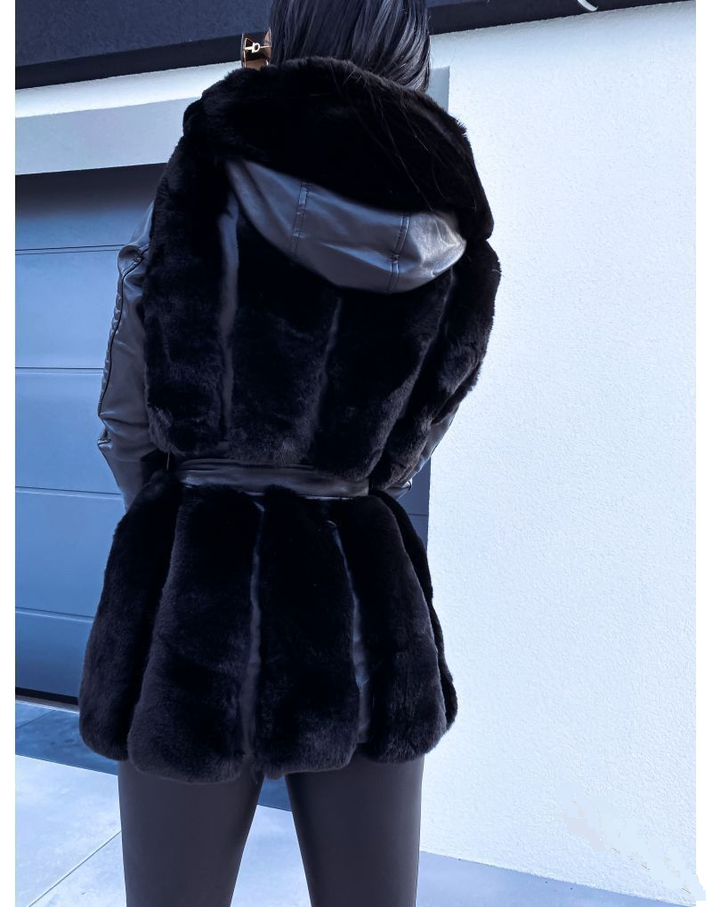 Women's Fur Coat With Belt Hooded Solid Colour Zip Jacket Coat_voghion.com