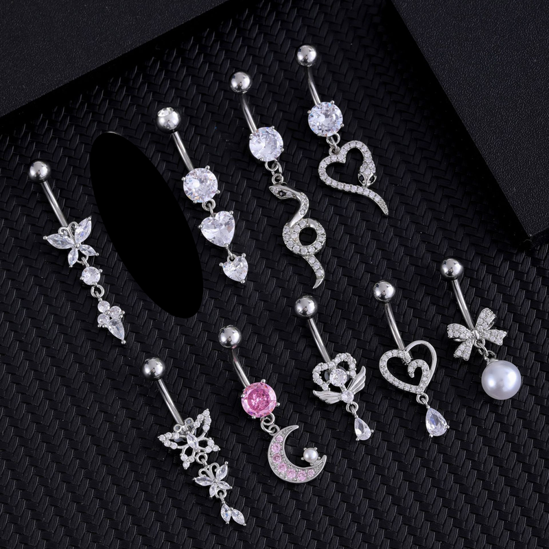 Piercing per ombelico in acciaio inossidabile con zircone rosa a forma di cuore, a forma di serpente, da donna_voghion.com