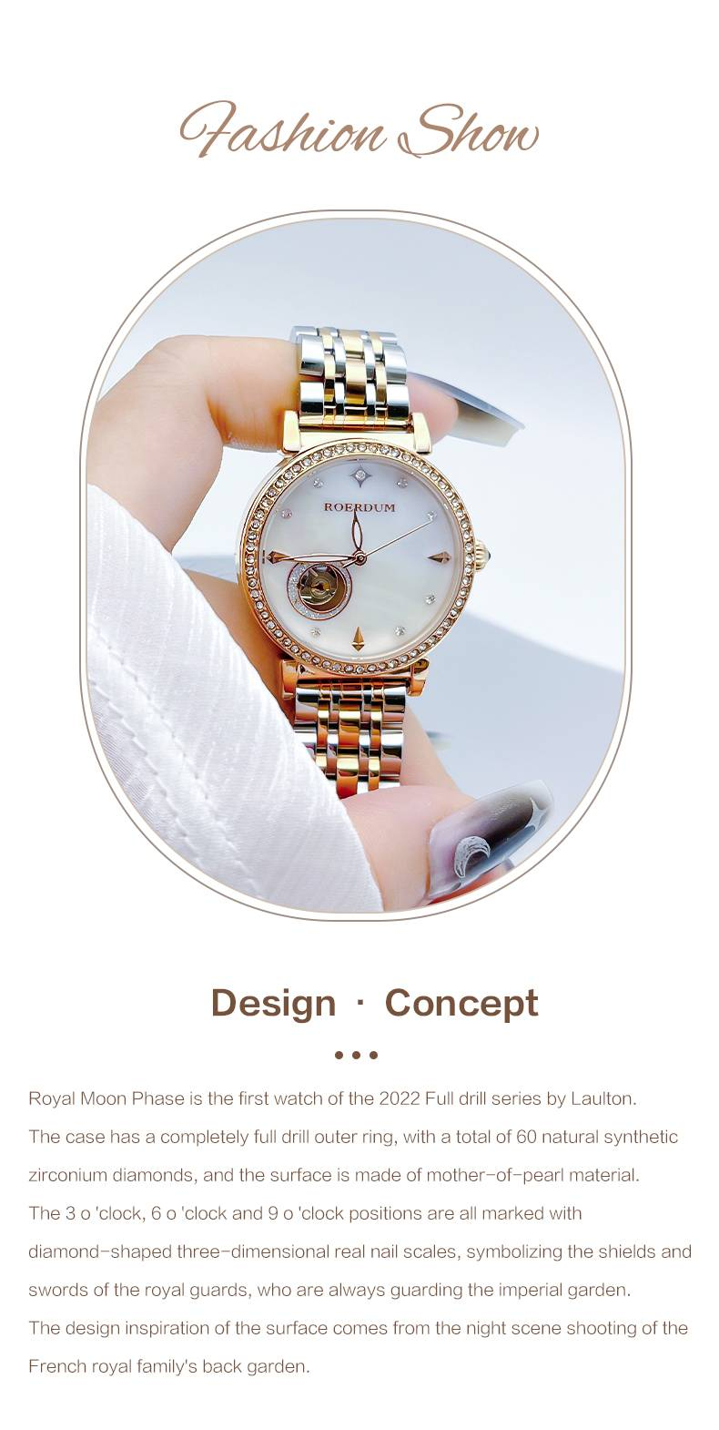 ROERDUM Royal Moonphase Collection - Cadran blanc nacré - Bracelet en acier inoxydable - Montre automatique pour femme tendance et raffinée_voghion.com