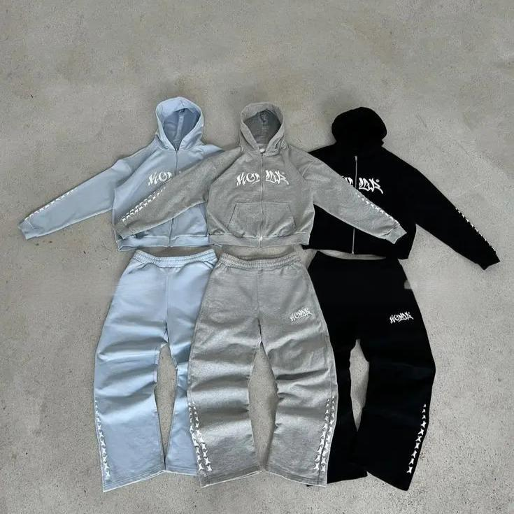 Women's Clothing Summer New Personalized Printed Cardigan Zipper Sweater Loose Casual Straight Pants Lazy Style Suit_voghion.com