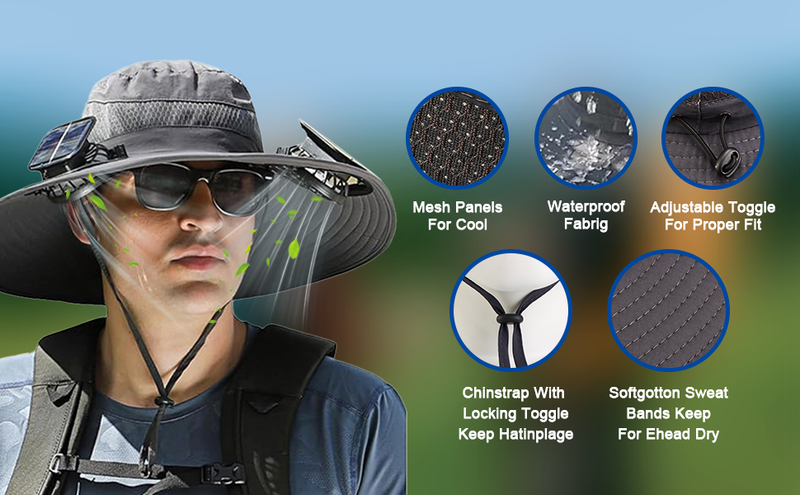Cappello da pesca con ventaglio solare a tesa larga, 2 cappelli con ventaglio solare per uomo, cappello con ventaglio alimentato tramite USB e energia solare, protezione solare UPF 50+_voghion.com