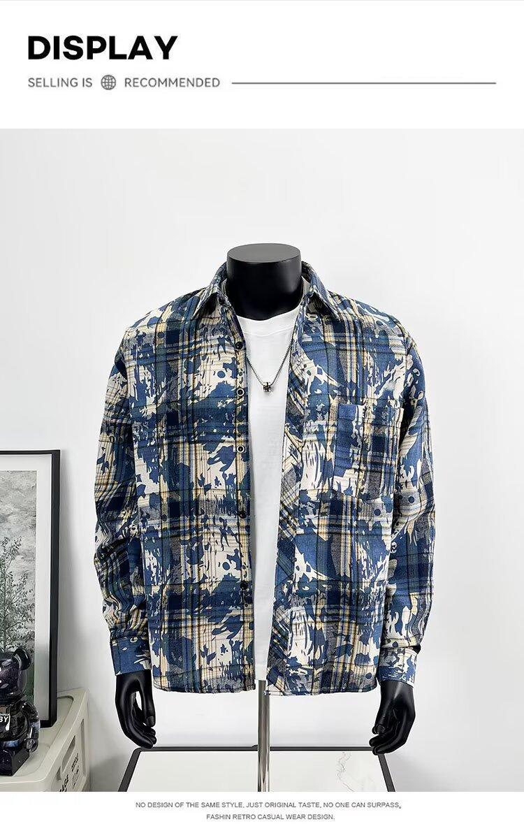 Herren-Langarmhemd mit Batikmuster und Karomuster – Stilvolles, locker sitzendes Freizeit-Overshirt mit Kentkragen für Frühling und Herbst_voghion.com