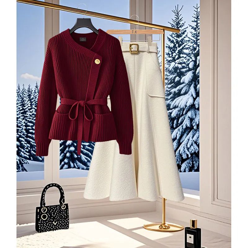 Dameskleding Trui met hoge taille Elegante herfst-winter gebreide trui met hoge taille Flatterende rokset - Rood & beige, Plus-maatopties_voghion.com