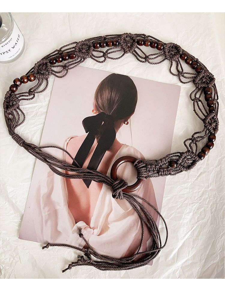 Gewebter Gürtel aus gewachster Kordel mit Holzschnalle, neuem, verlängertem Quasten- und Perlengürtel, Nischendesign mit Rockbesatz_voghion.com