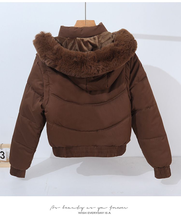 Doudoune courte convertible à manches amovibles et capuche en fausse fourrure pour femme - Manteau d'hiver taille haute doublé polaire épaisse_voghion.com
