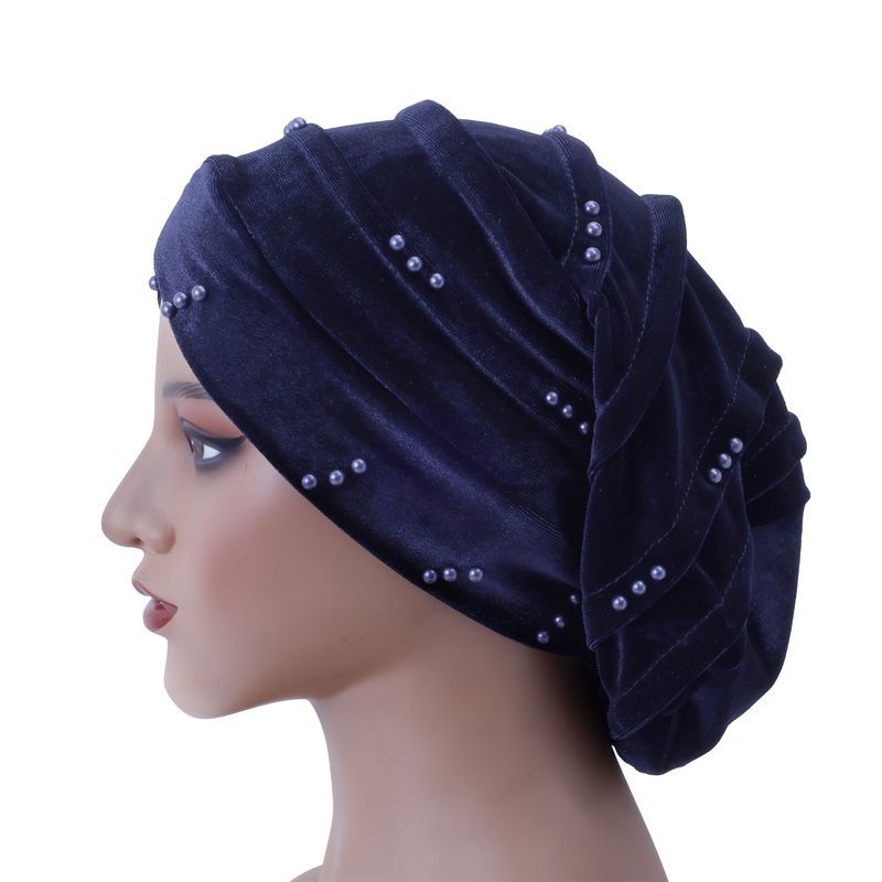 Velvet Pearl Turban Hat – European & Korean Style Folding Pile Hat (In Stock)_voghion.com