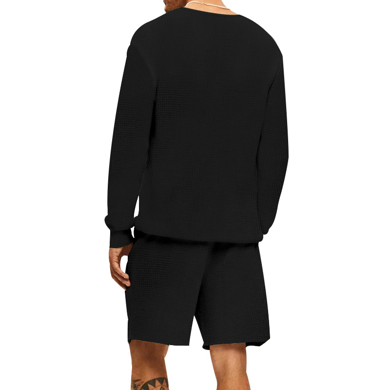 Waffle T-shirt Summer Men's Casual Sports Long Sleeve Shorts Two Piece Set for Men_voghion.com