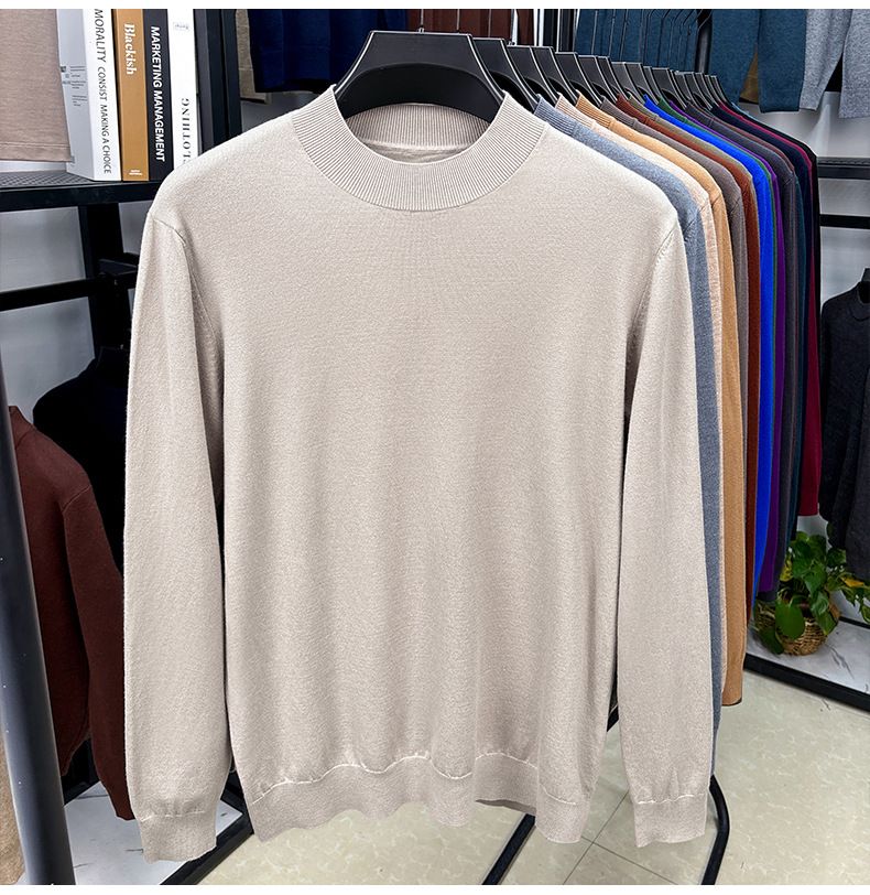 Maglione da uomo a maniche lunghe con collo alto in lana merino e seta di gelso sottile, nuovo modello primaverile_voghion.com