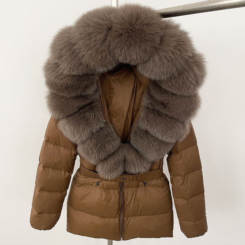 Luxury Faux Fur Trim Hooded Down Jacket For Women, Slim Fit Waist Belt, Warm Winter Coat With Detachable Fox Fur Collar, Polyester Shell_voghion.com