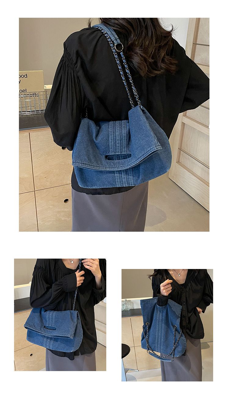 Borsa a tracolla singola con tracolla a catena in denim, nuova e capiente, da donna, stile pendolare, cross-border_voghion.com