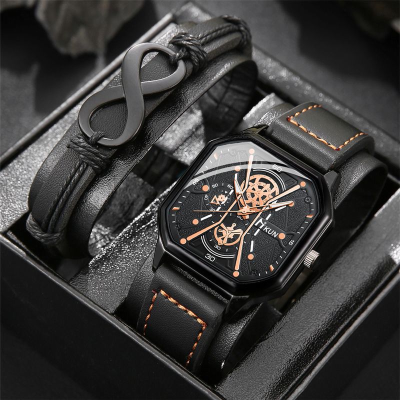 New Fashionable Double-Layer Square Case Leather Strap Quartz Watch And 8-Shaped Leather Bracelet Set_voghion.com