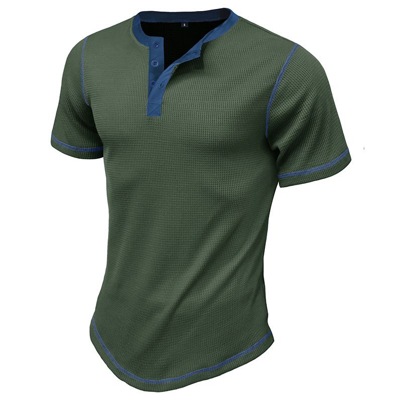 Unbeatable Quality 2024 Summer Short Sleeved Henley Shirt Men's T-shirt Top Color Block Henleys_voghion.com