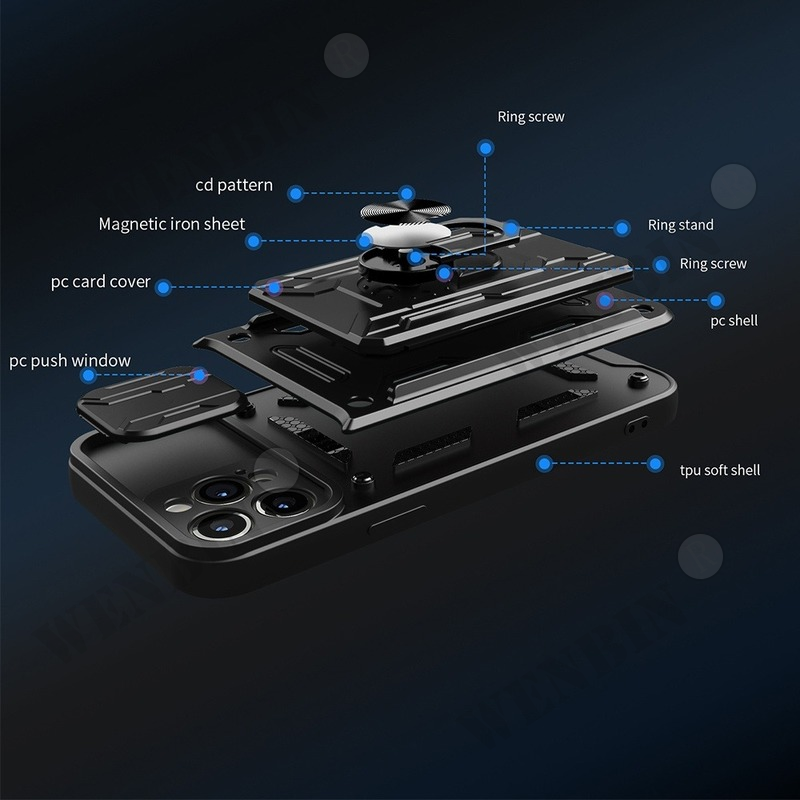 Hülle für iPhone 14 13 12 Pro Max XR X 8 7 Plus SE Slide Stand Ring Kamera Military Grade Card Slot Cover_voghion.com