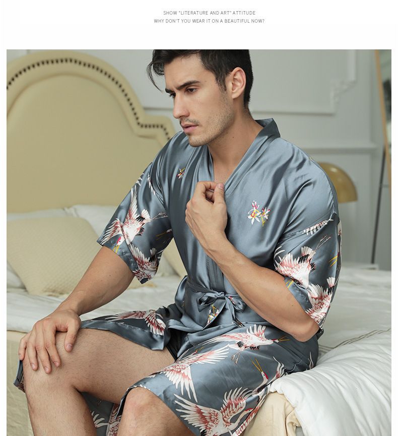 Erkek Uyku Orta uzunlukta baskılı ipek elbise erkek sabahlık seksi pijama_voghion.com