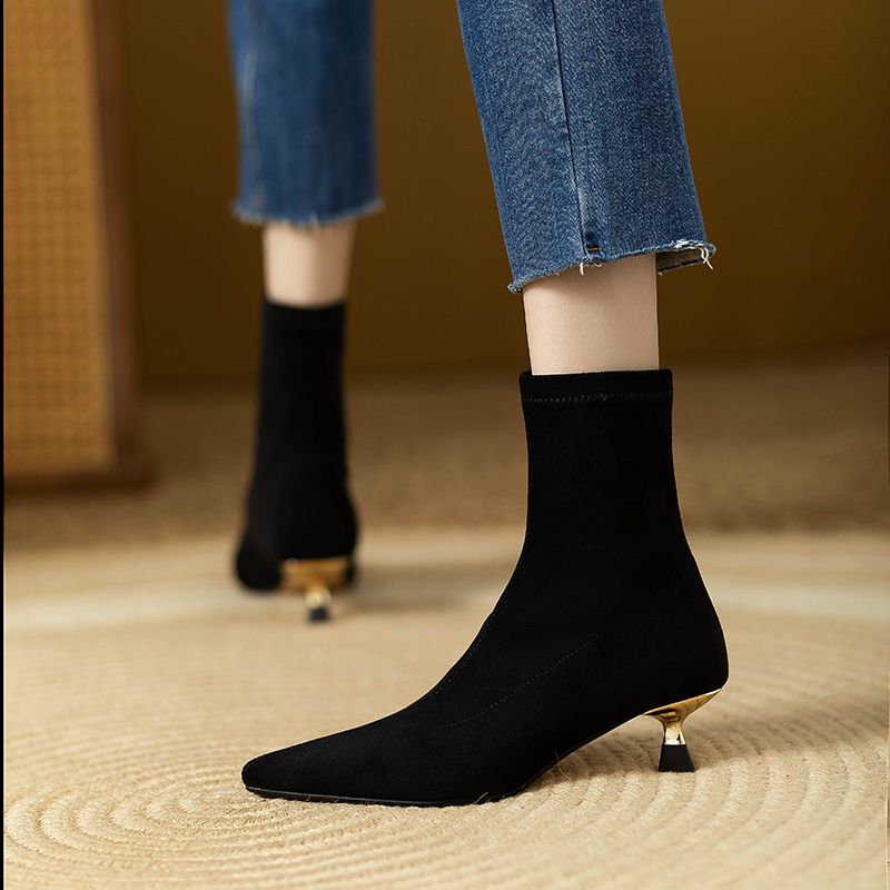 2023 French Style Kitten Heel Booties Women's New Suede Pointed Toe Stretch Thin Work Clothing Stiletto Mid-Heel Ankle_voghion.com