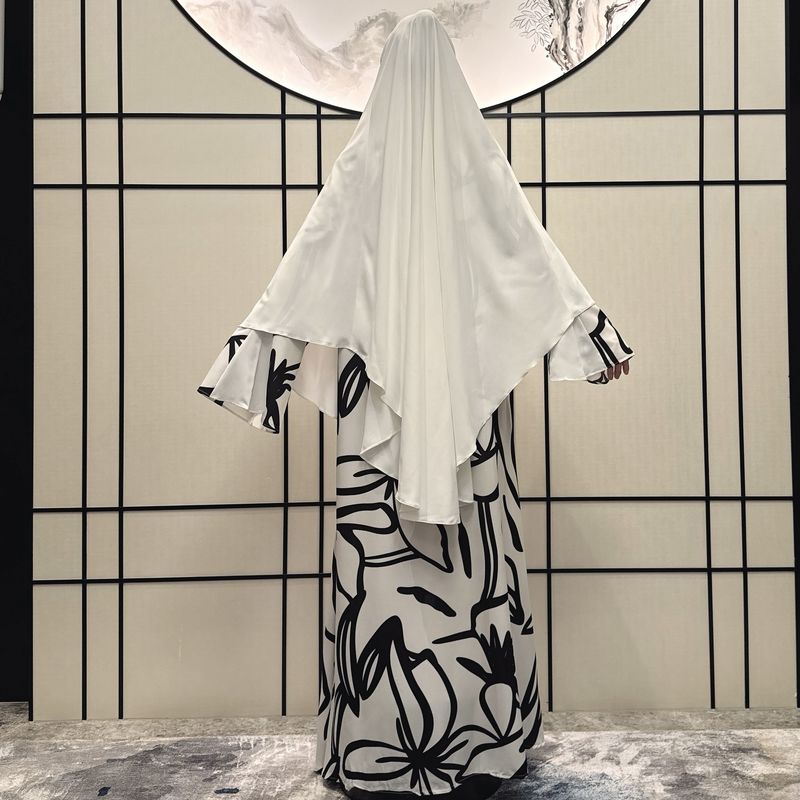 Women's Clothing Ladies Long Sleeved Robe Abaya Non Positioning Color Dress Print With Headscarf Two Piece Set_voghion.com