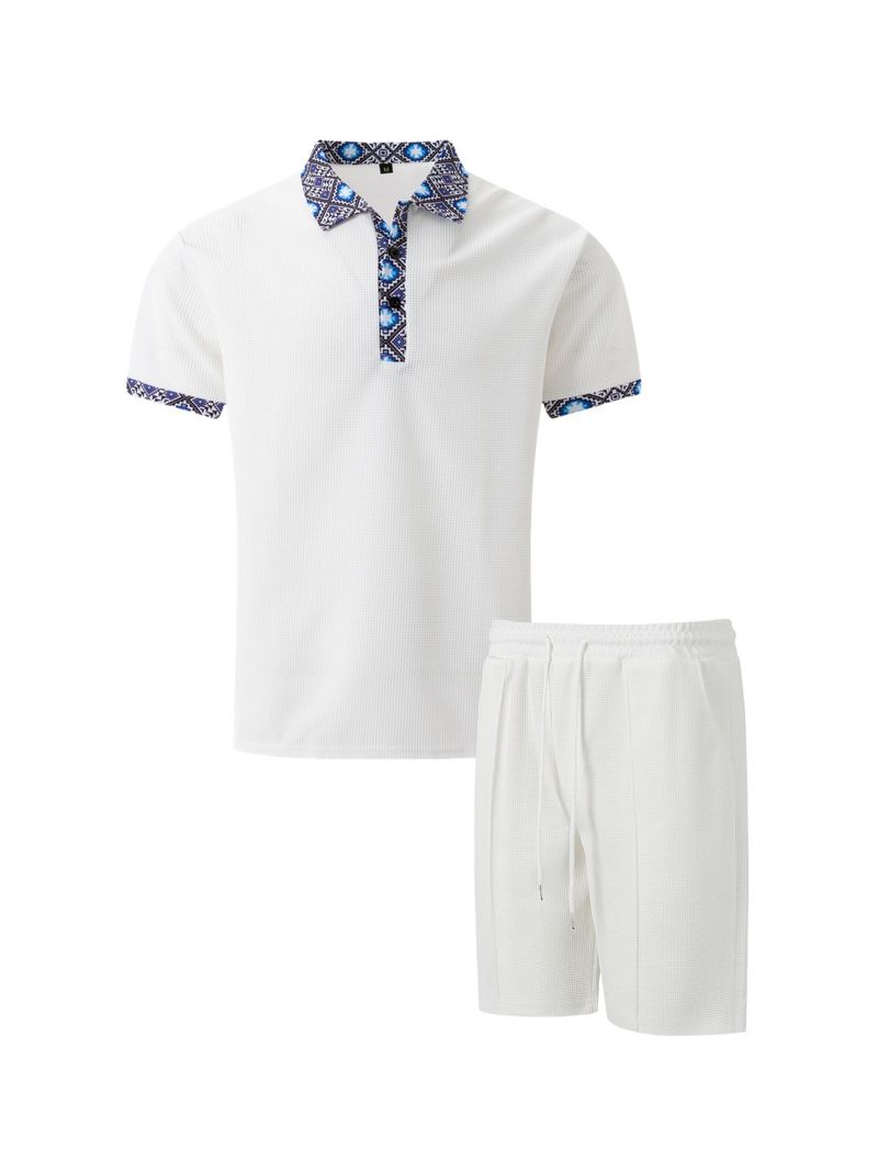 Herren-Set aus Waffelstrick-Kurzarmhemd und Shorts – Reverskragen mit Reißverschlussdetail, einfarbiges Freizeitoutfit_voghion.com