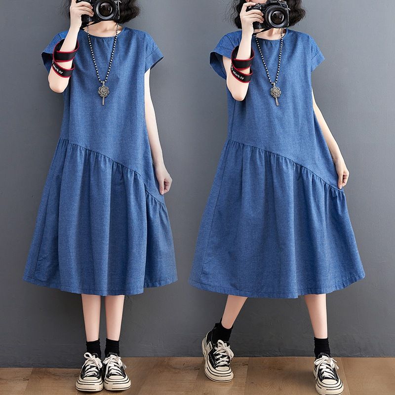 Fat Mm Plus Size Damenbekleidung 2025 Sommer Neues Tencel-Jeanskleid Künstlerisches Temperament Abnehmender Rüschenrandrock_voghion.com