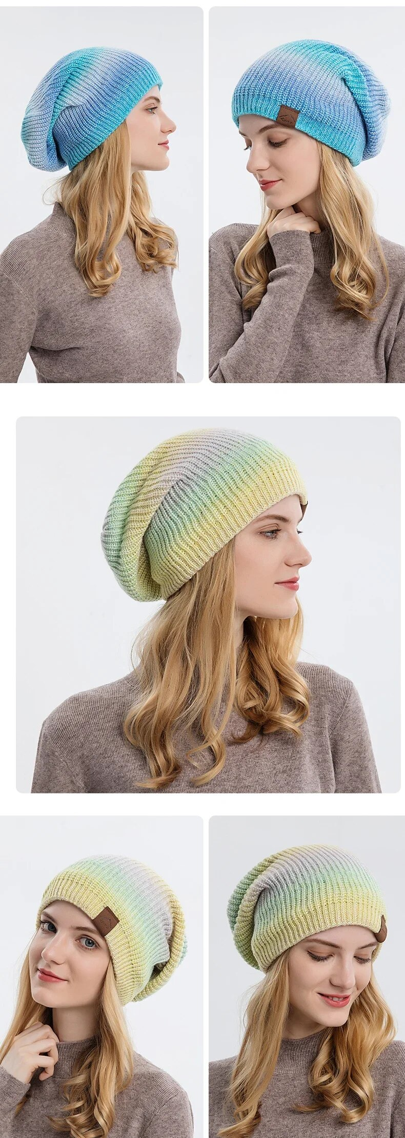 Cappello lavorato a maglia in peluche colorato per donna Berretto in lana calda di colore sfumato invernale Berretti con teschio femminile Moda addensata all'aperto_voghion.com