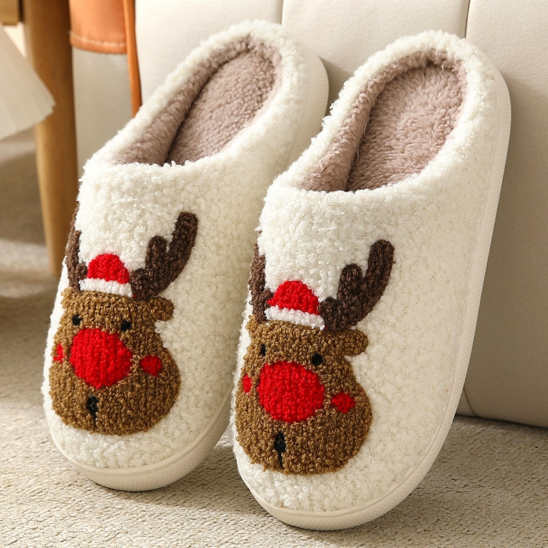 New Christmas Women Elk Cotton House Girl Fur Cute Cushion Slides Bedroom Ladies Men Plush Shoes Winter Slippers_voghion.com