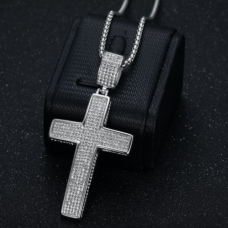 Hip Hop Cross Pendant Necklace -Plated Titanium Steel, Prong-Set Cubic Zirconia_voghion.com