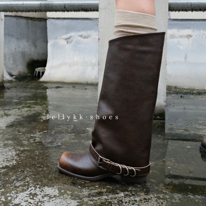 Cowhide Version ~ Punk Street Style Distressed Martin For Women 2024 Square Toe Vintage Metal Western Boots_voghion.com