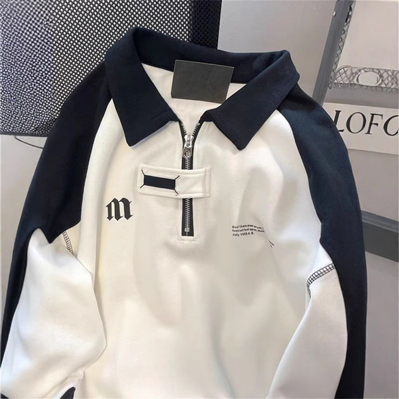 Half Zip Hoodie Paar Retro Trendy Marke Schwarz und Weiß Kontrastierendes Oberhemd_voghion.com