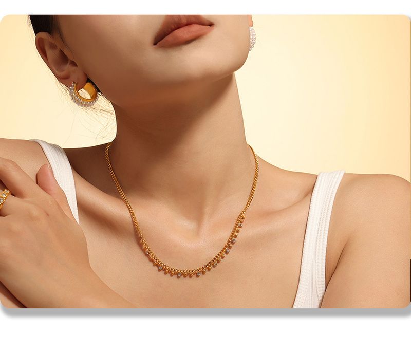 Titanium Steel Small Round Bead Inlaid Rhinestone Interval Pendant Tassel Necklace Bracelet Set_voghion.com