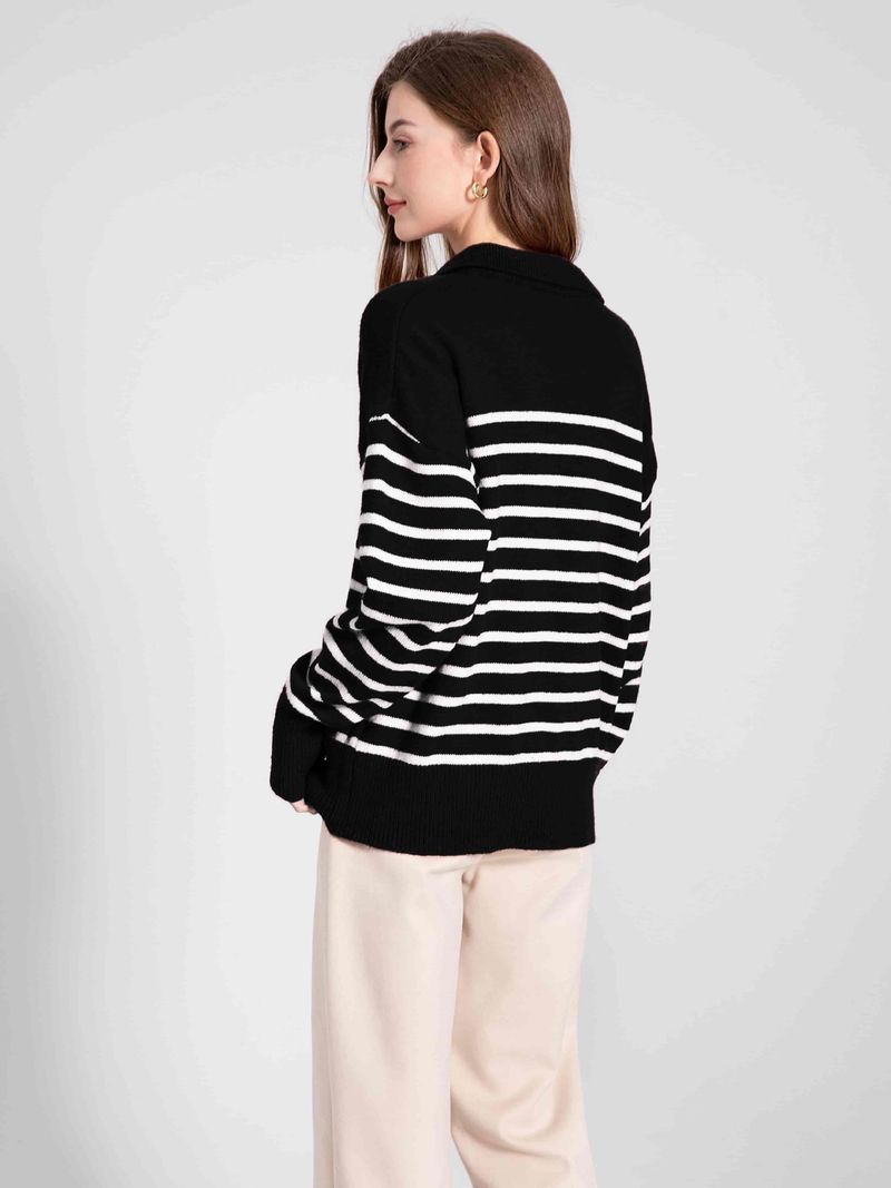 Pull ample à manches longues et col en V pour femme, rayé, en coton, couleur contrastée, style bleu marine, automne_voghion.com