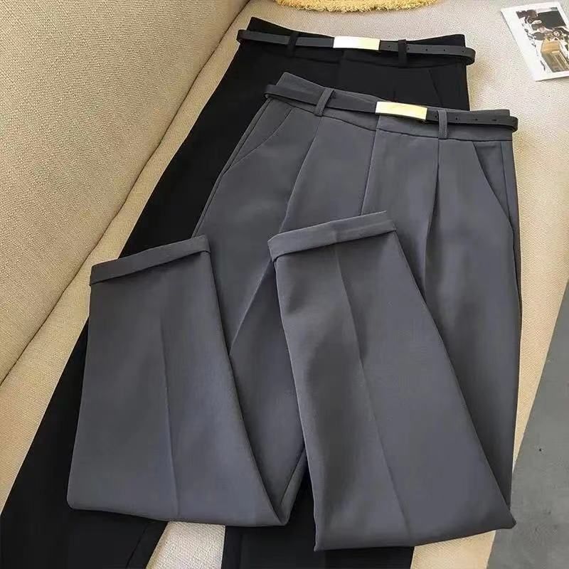 Venta caliente elegante verano casual pantalones mujeres moda color sólido fajas delgados pantalones rectos elegante negocios mujer retro cinturón_voghion.com