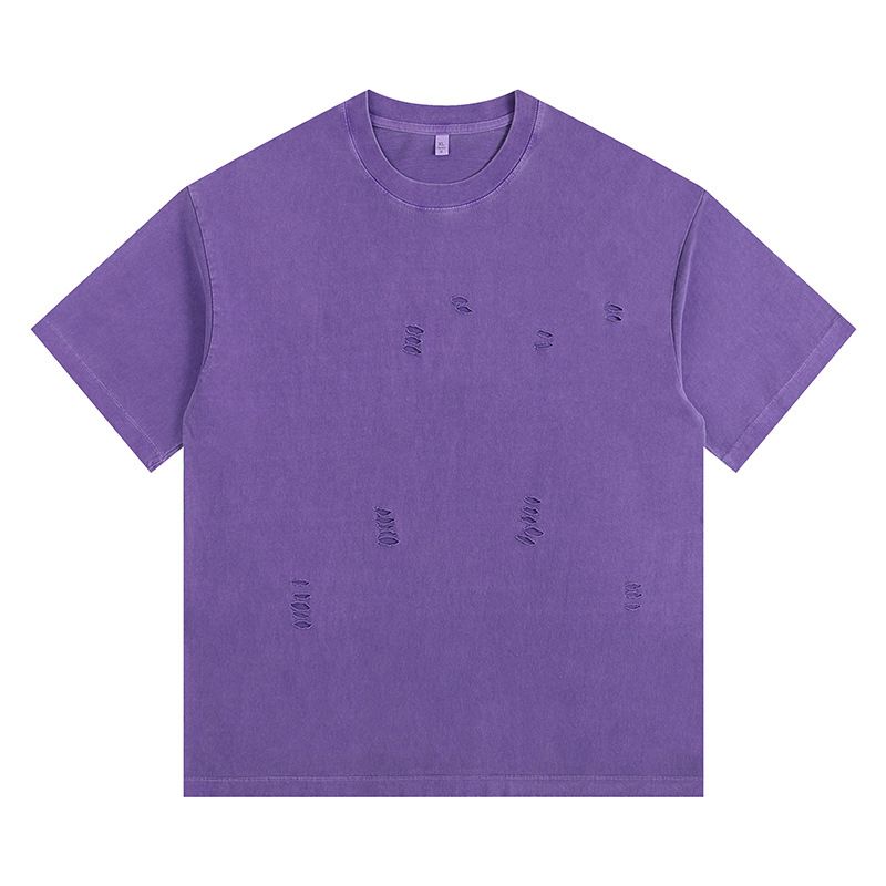 2025d 260g American Style Solid Color Crew Neck Distressed Cool Vintage Washed T-Shirt With Embroidered Text_voghion.com
