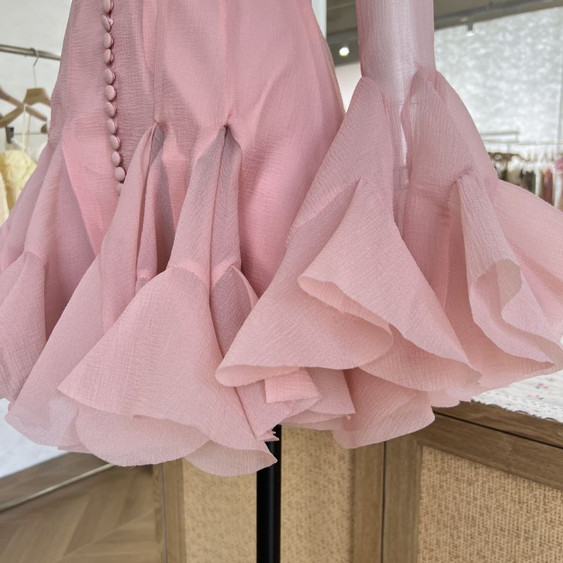 Damenbekleidung Nische Flower Fairy Bud Buttoned Slim Dress Sweet Salt Einzigartiges Design Einfarbig Kurz_voghion.com