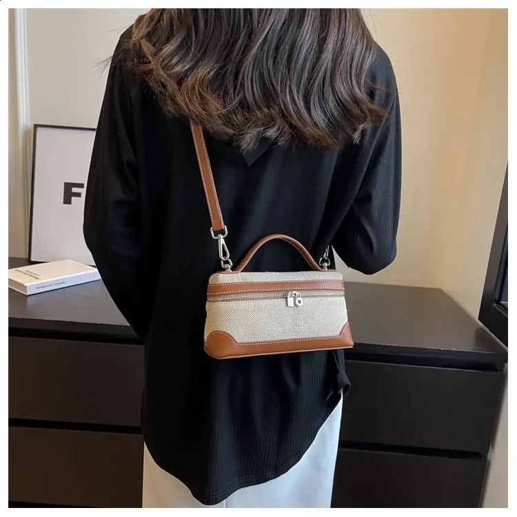 New Bags Portable Bucket Box Handbag Canvas Patch Work Fashion Cross Body Bag For Women Commuting Mobile Phone Storage_voghion.com