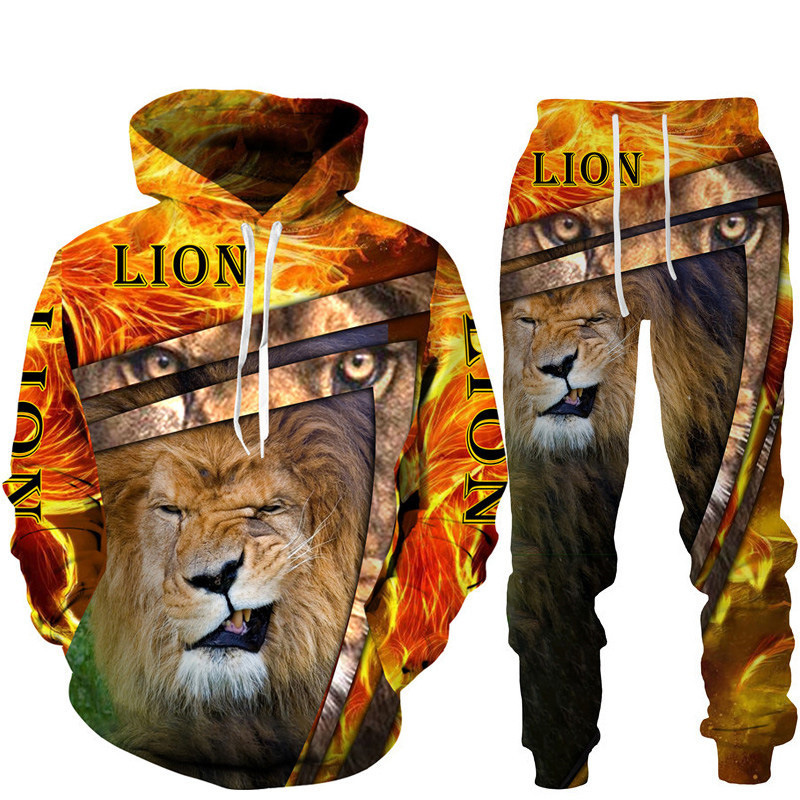 New trendy men's set with digital printed mesh fabric, lion tiger casual hoodie and pants_voghion.com