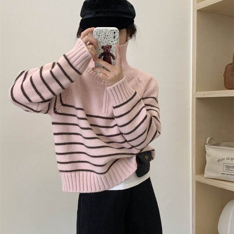 Gestreifter Strickpullover mit halbem Reißverschluss und Revers für Damen mit langen Ärmeln_voghion.com