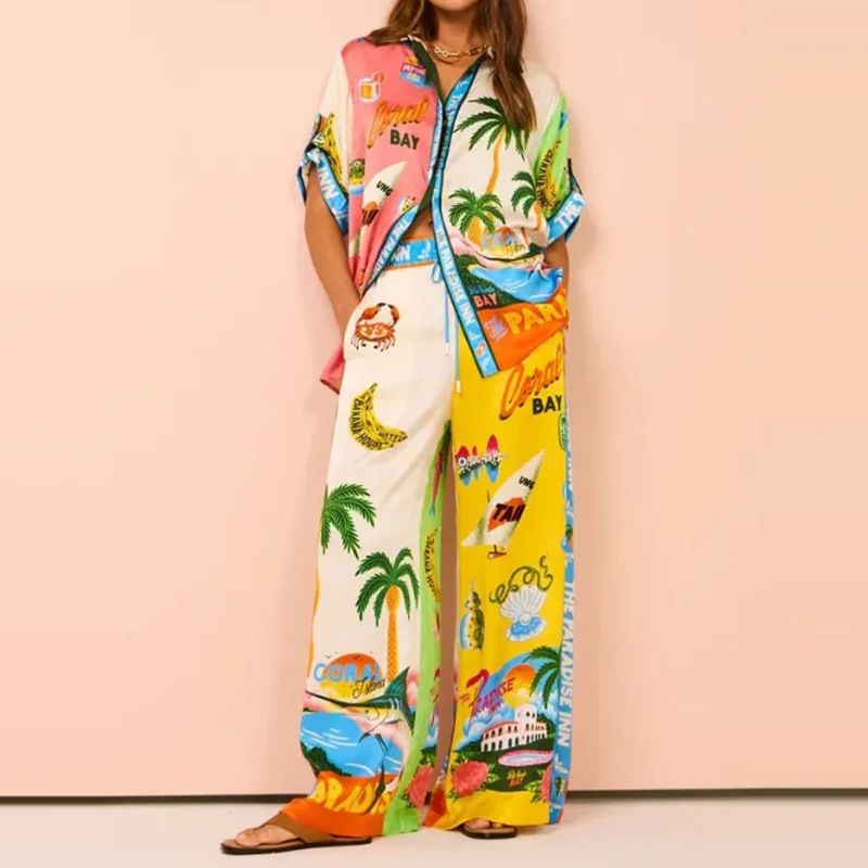 Vêtements pour femmes, nouveau style de printemps, costume pour femmes, imprimé, col rond, manches chauve-souris amples, taille, pantalon large, costume de mode_voghion.com