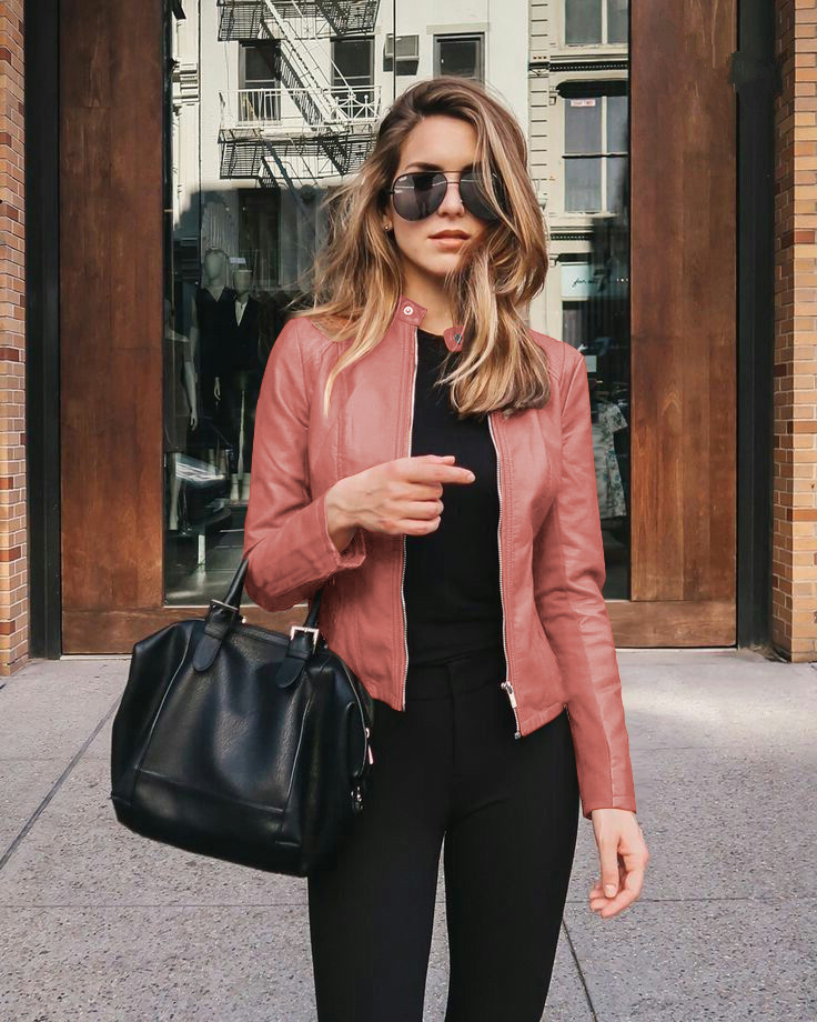 Spring Autumn Oversized Stand Collar Fashion Zipper Jacket Ladies Slim All-match PU Leather Coat Top Women Solid Color_voghion.com