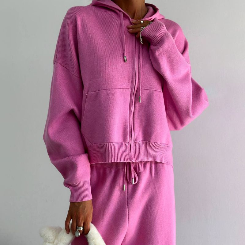 Women's Clothing Solid Color Hooded Sweater Suit For Women Loose Casual Lazy Style Autumn And Winter New Knitted Trousers Two Piece Suit_voghion.com