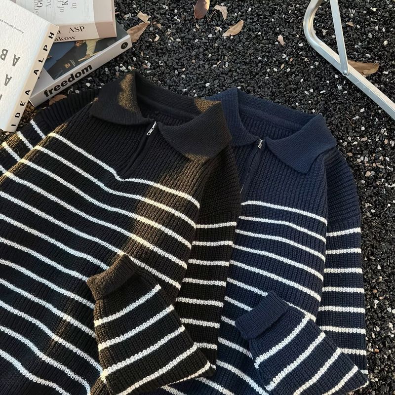 Men’s Oversized Knit Sweater – Retro Half-Zip Pullover With Shawl Collar_voghion.com