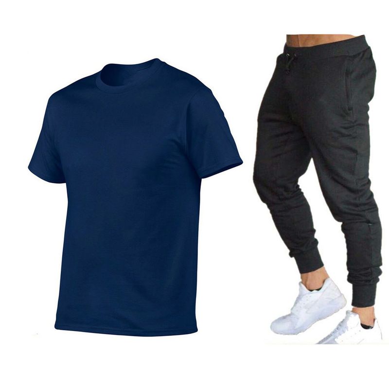 Vêtements d'été pour hommes, costume simple de couleur unie, T-shirt + pantalon en coton à col rond, ensemble deux pièces à la mode et polyvalent_voghion.com