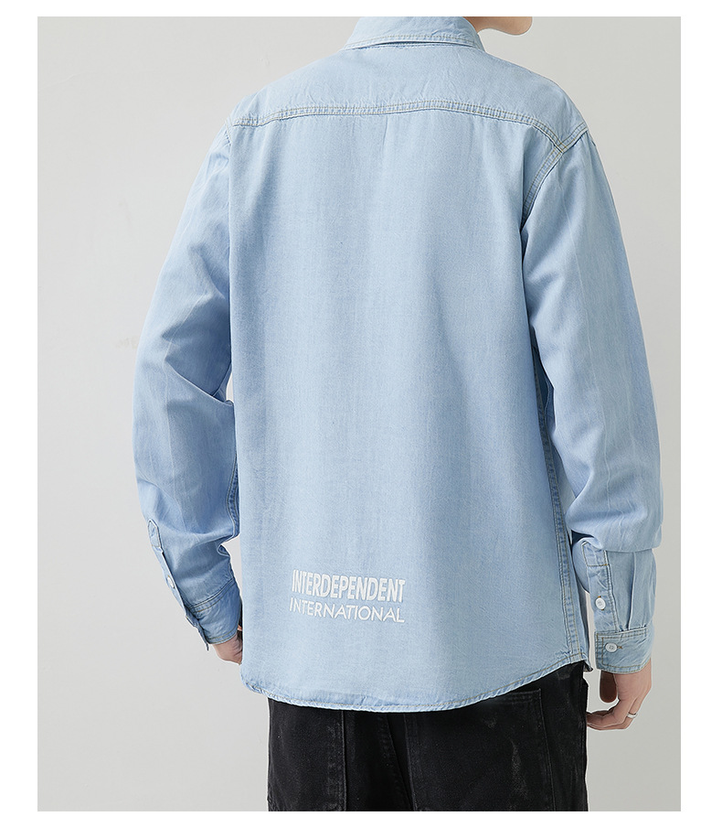 Herrenbekleidung Schlankes, lässiges Langarmhemd Retro Einfaches Langarm-Jeanshemd_voghion.com