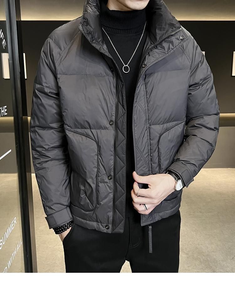 Herren Leichte Kurze Daunenjacke mit Kapuze Winter Warmer Parka Lässiger Slim Fit Schwarz Grau Wasserabweisendes Polyester_voghion.com
