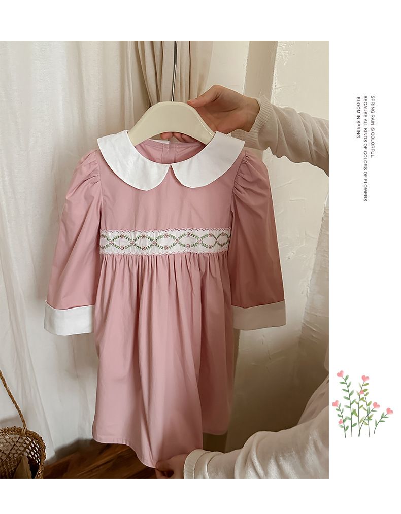 Madre e bambini francese rattan fiore ricamo bambola colletto ragazza vestito 2024 stile autunno contrasto colore puro cotone dolce principessa vestito manica lunga_voghion.com