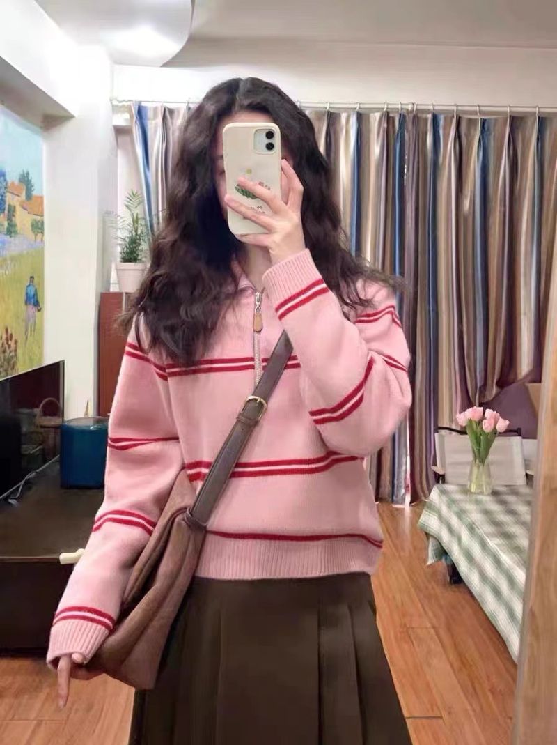 Wolle Koreanischen Stil Gestreiften Half-Zip Polo Kragen Pullover Für Frauen 2024 Neue Lose Faul Gestrickte Top_voghion.com