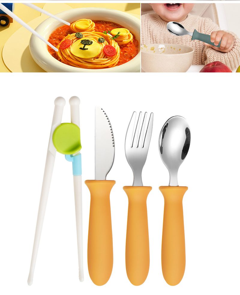 Anne ve Çocuk 304 Paslanmaz Çelik Çocuk Bıçağı, Çatal, Kaşık ve Yemek Çubukları 4 Parça Set Silikon Saplı Bebek Yemek Kaşığı Eğitim Yemek Çubukları Seti_voghion.com