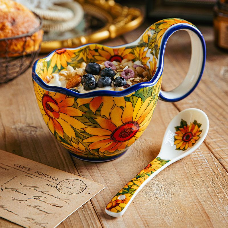 Sunflower-Themed Enamel Coffee Mug & Spoon Set - Vintage European-Style Tableware - 2-Piece Floral Cup Set - Handcrafted Ceramic-Like Finish_voghion.com