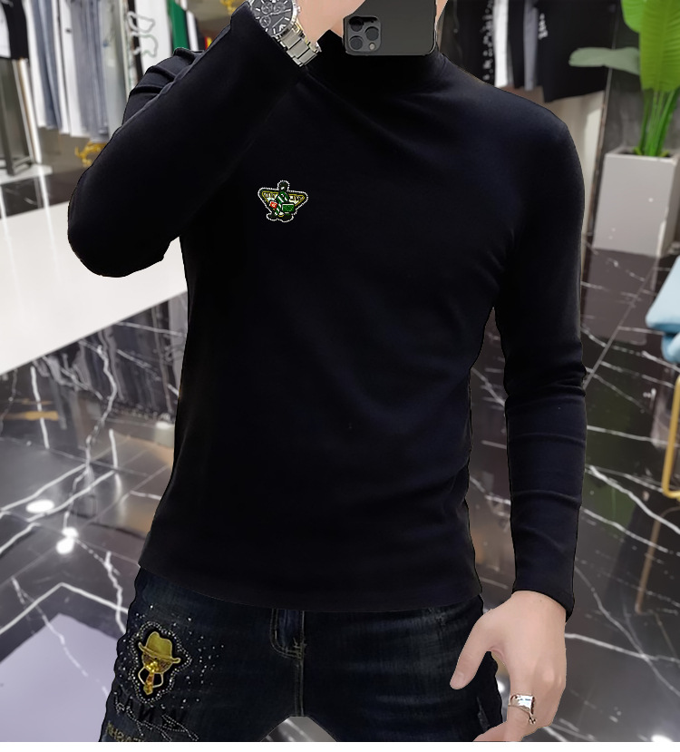 Und Winter Halb Hohe Kragen Langarm T-shirt mit Samt Unten 2023 Neue Europäische Mode T Herren Mid Neck Herbst_voghion.com