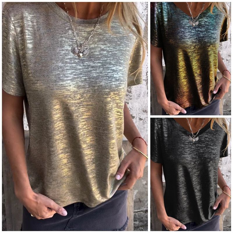 Maglietta a maniche corte con scollo rotondo e paillettes da donna, tinta unita, per il tempo libero_voghion.com