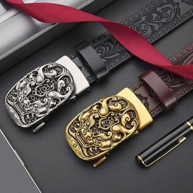 Domineering Tang Grass Pattern Carved Genuine Leather Business Luxurious Fashion Men's Automatic Buckle Belt_voghion.com